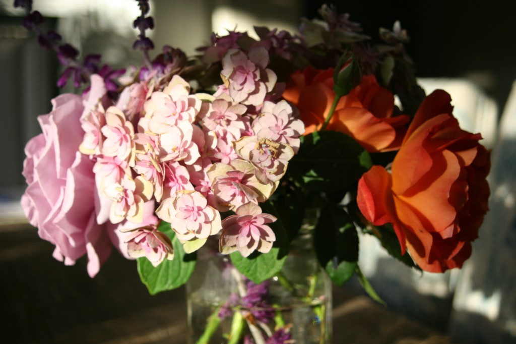 hydrangea, roses, and lavendar