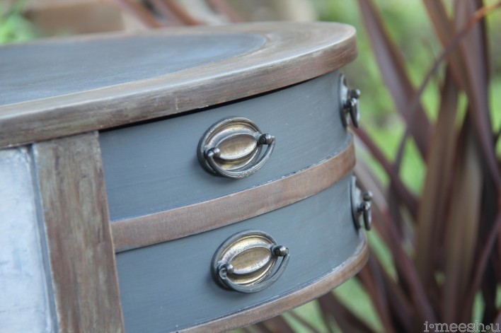 Annie Sloan painted Duncan Phyfe drum table front graphite napoleonic blue mix